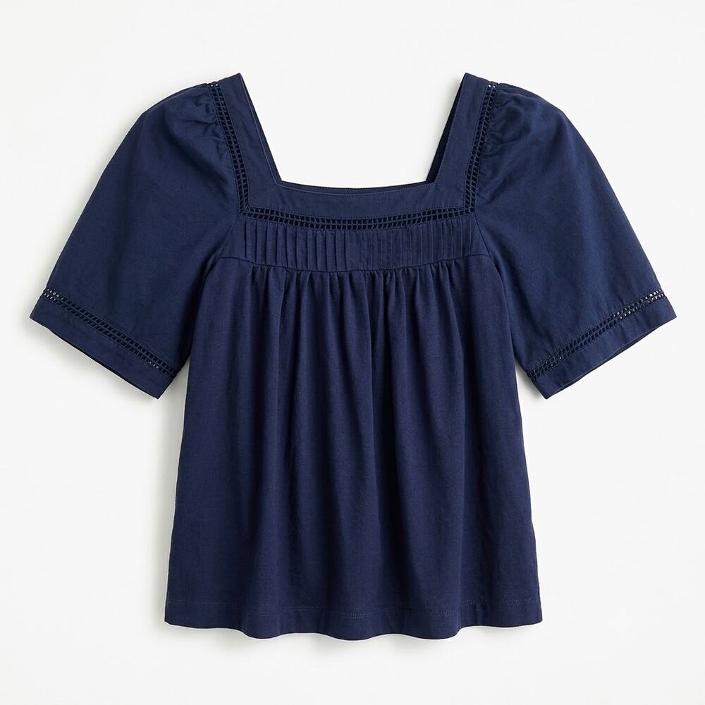 Elie Tahari Ladder Trim Puff Sleeve Top Navy Blue Square Neck Cotton Women XS